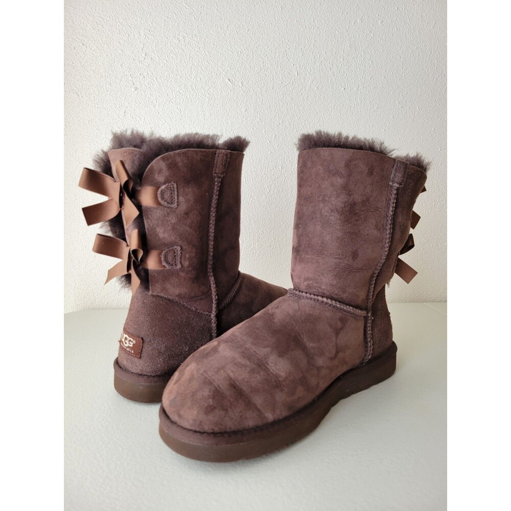 UGG Australia Bailey Bow Chocolate Brown Suede Shearling Mid-Calf Boots Womens 8